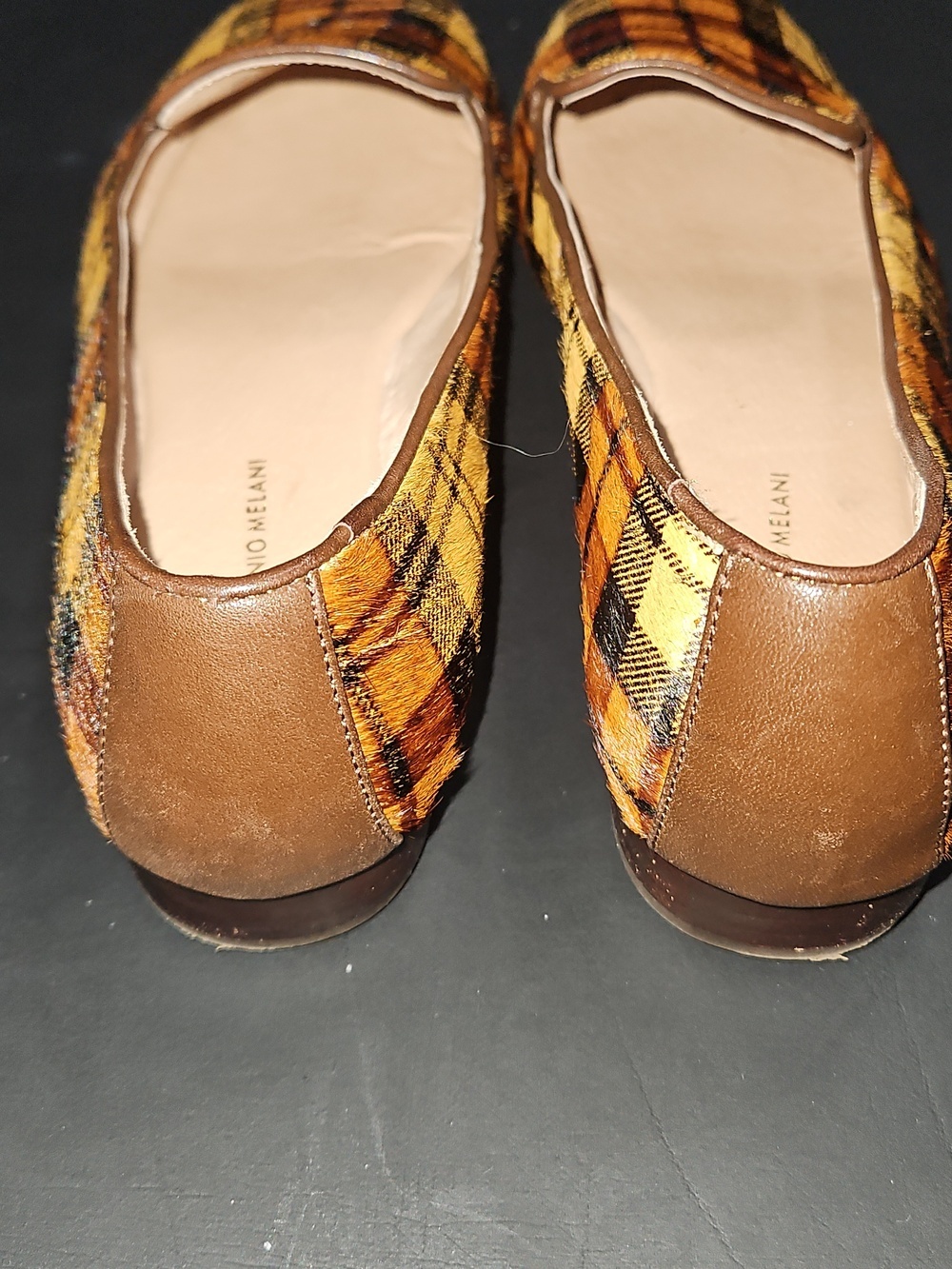 ANTONIO MELANI Yellow and Brown Plaid Calf Hair Women's Loafers Size 9 - Picture 3 of 13
